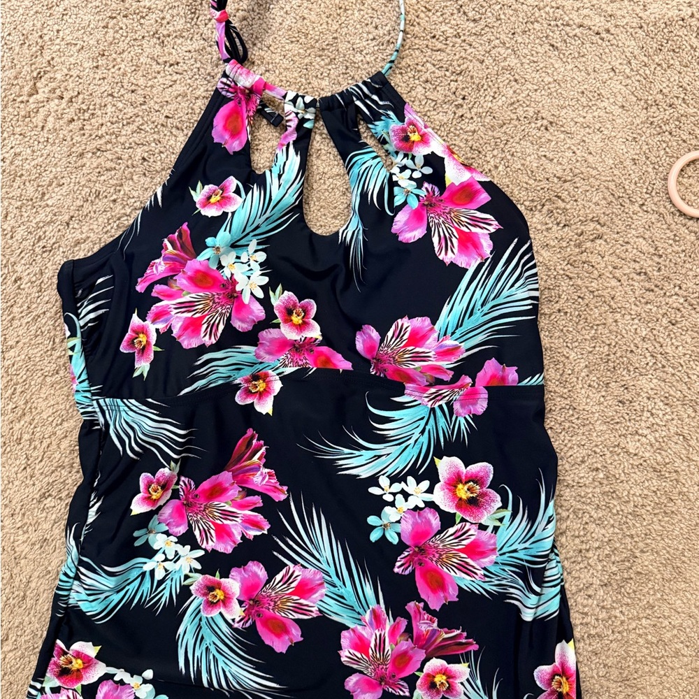 Island Escape  women’s Halter - Black with Pink and Blue Floral Swim Too
